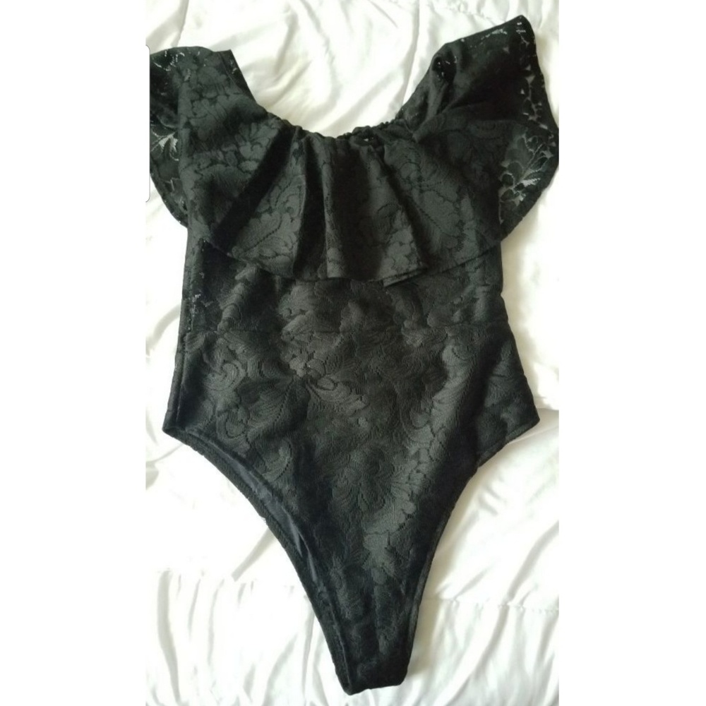 Off the shoulder black lace leotard